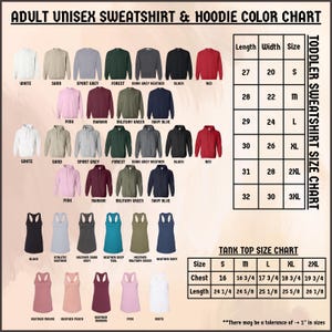 a women's long sleeved shirt and hoodie color chart