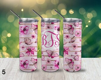 Butterfly Skinny Tumbler, Pink 20oz Tumbler, Custom Tumbler, Personalized Cup, Personalized Gift, Tumbler, Bride's Maid, Tumbler, To Go Cup