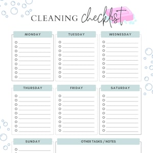 Può includere: Un elenco di controllo per la pulizia stampabile con uno sfondo blu chiaro e una saponetta rosa con bolle. L'elenco di controllo è diviso in sette sezioni: lunedì, martedì, mercoledì, giovedì, venerdì, sabato e domenica. Ogni sezione ha un elenco di righe vuote per scrivere le attività. C'è anche una sezione per "Altre attività/Note".
