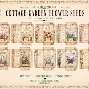 May include: A selection of vintage seed packets, each showcasing a different flower such as Hollyhock, Daisy, and Poppy. The packets are arranged in rows, with each displaying a flower illustration and name. The text "Cottage Garden Flower Seeds" is prominently displayed.