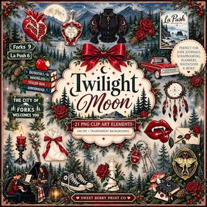 Può includere: Una collezione digitale di 21 elementi clip art a tema Twilight Moon con un fiocco rosso, un cuore, una boccetta, una camicetta nera, un camion rosso, un acchiappasogni, labbra da vampiro, chiavi, scarpe da ginnastica, una scacchiera e cartelli.