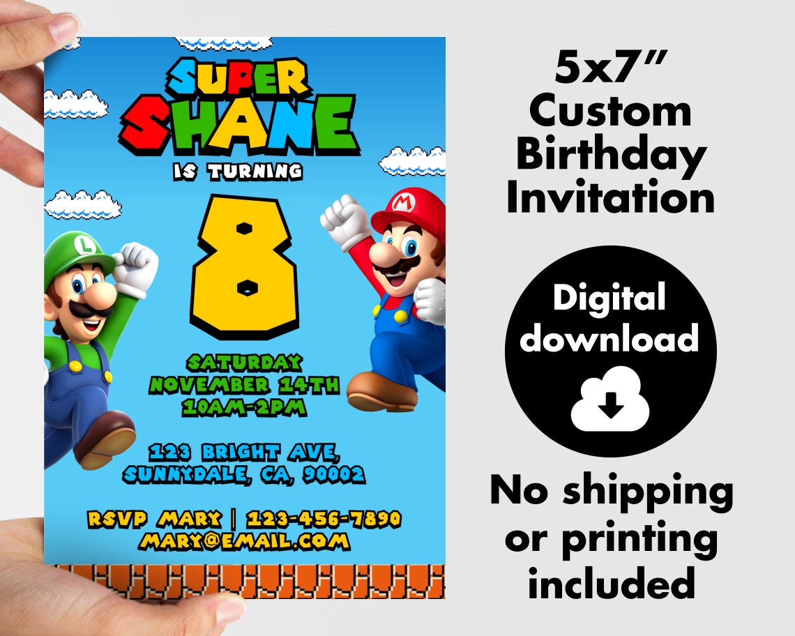 Super Mario Printable Invitation Super Mario Birthday Etsy