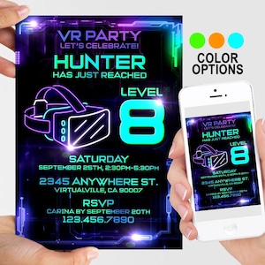 VR game printable birthday Invitation, VR Party personalized invite, Virtual Reality party printable invitation, Game on invitation, Gamer