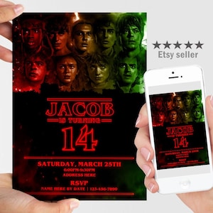 Pode incluir: Um convite de aniversário com uma colagem de rostos de uma série de TV popular. O convite diz "JACOB está fazendo 14 anos" em letras de néon vermelhas. A data e a hora também estão incluídas. Um smartphone exibe o mesmo design.
