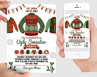 Op de afbeelding: Een feestelijke uitnodiging voor een Ugly Sweater Party met een rood-groen kersttrui-ontwerp. De uitnodiging bevat de datum, tijd, locatie en RSVP-informatie. De tekst luidt "Eat, Drink and Be Ugly" en "You're Invited to an Ugly Sweater Party".