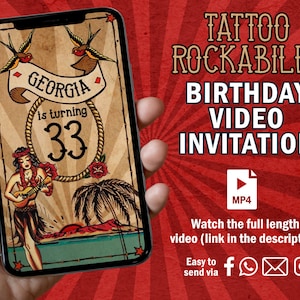 Tattoo Rockabilly Invitation, Tattoo Rockabilly Birthday Video Invitation, Rock n Roll Animated Video, Retro Custom Invite, Rockabilly party