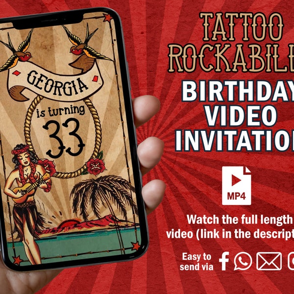 Tattoo Rockabilly Invitation, Tattoo Rockabilly Birthday Video Invitation, Rock n Roll Animated Video, Retro Custom Invite, Rockabilly party