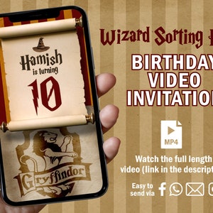 May include: A smartphone screen displaying a birthday invitation for a 10-year-old named Hamish. The invitation features a scroll with the text "Hamish is turning 10" and a Gryffindor house crest. The text "Wizard Sorting Hat Birthday Video Invitation" is displayed above the phone.