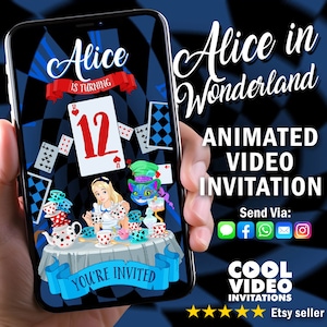 Convite Alice no país das maravilhas, convite de vídeo de aniversário do país das maravilhas, vídeo animado do Chapeleiro Maluco, convite personalizado para chá de bebê, espelho