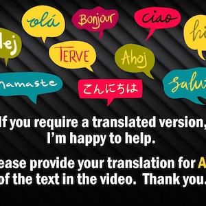 May include: A black background with colorful speech bubbles containing greetings in different languages, including "Hej", "ol&aacute;", "Bonjour", "Ciao", "hi", "TERVE", "Ahoj", "Namaste", "こんにちは", and "Salut". The text below the bubbles reads "If you require a translated version, I'm happy to help. Please provide your translation for ALL of the text in the video. Thank you."
