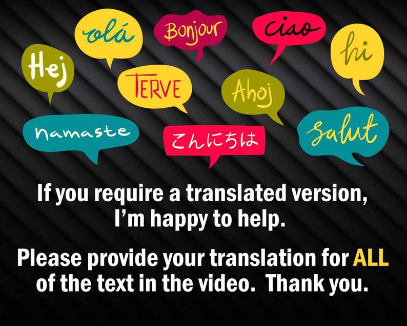 May include: A black background with colorful speech bubbles containing greetings in different languages, including "Hej", "ol&aacute;", "Bonjour", "Ciao", "hi", "TERVE", "Ahoj", "Namaste", "こんにちは", and "Salut". The text below the bubbles reads "If you require a translated version, I'm happy to help. Please provide your translation for ALL of the text in the video. Thank you."