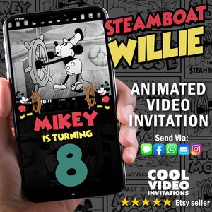 Invito Steamboat Willie, Invito video compleanno Steamboat Willie, Video animato Steamboat Willie Party, Steamboat Willie personalizzato