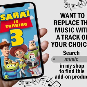May include: A digital invitation for a birthday party featuring characters from the Toy Story movie franchise. The invitation is for a girl named Sarai who is turning three. The invitation is displayed on a smartphone screen.