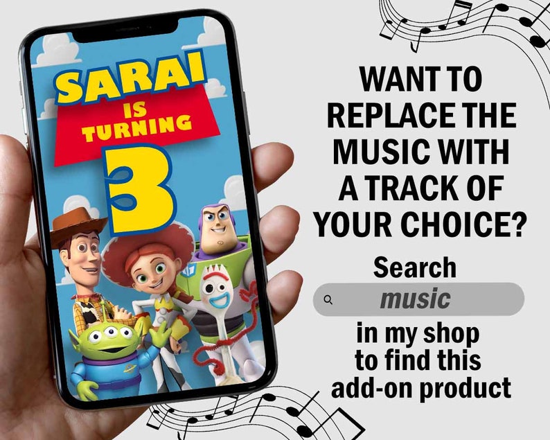 May include: A digital invitation for a birthday party featuring characters from the Toy Story movie franchise. The invitation is for a girl named Sarai who is turning three. The invitation is displayed on a smartphone screen.