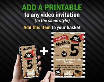 Add a printable 5x7" invitation to any of the listed video invitations, personalize your party, digital download
