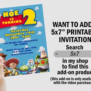 May include: A printable invitation for a 2nd birthday party with a Toy Story theme. The invitation features the characters Woody, Buzz Lightyear, Jessie, and Alien. The text on the invitation reads "Noe is turning 2" and includes the date, time, and location of the party. The invitation also includes a note about a 5x7" printable invitation add-on available in the shop.