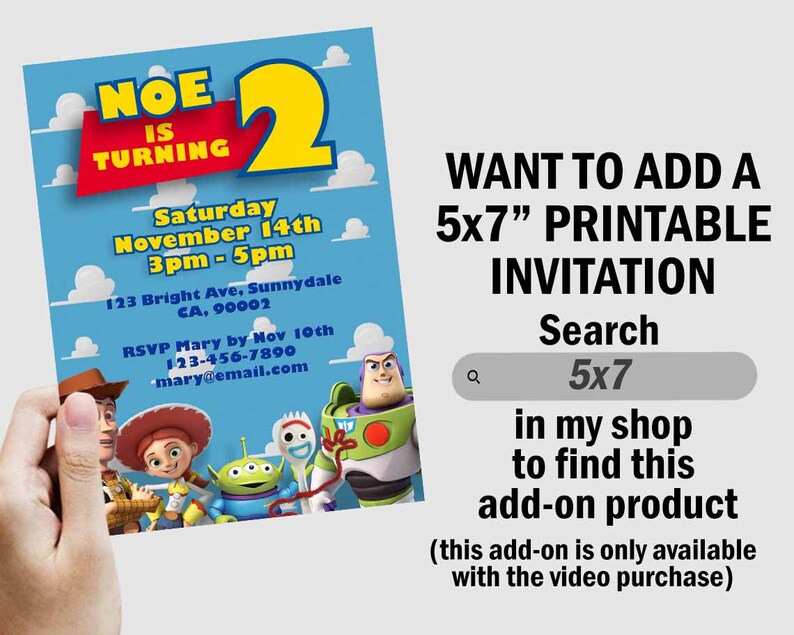 May include: A printable invitation for a 2nd birthday party with a Toy Story theme. The invitation features the characters Woody, Buzz Lightyear, Jessie, and Alien. The text on the invitation reads "Noe is turning 2" and includes the date, time, and location of the party. The invitation also includes a note about a 5x7" printable invitation add-on available in the shop.