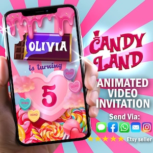May include: A pink and blue animated video invitation for a 5th birthday party. The invitation features a chocolate bar with the name Olivia and the text "is turning 5". The invitation is themed around candy and features a variety of colorful candies and hearts. The text "CANDY LAND" is displayed in large, white letters.