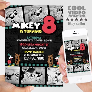 Invitación imprimible Steamboat Willie, invitación de cumpleaños de Steamboat Willie, invitación personalizada de Steamboat Willie, evite, electrónica, fiesta