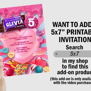 May include: A pink and blue candy-themed invitation for a 5th birthday party. The invitation features a pink heart with the name Olivia and the number 5. The invitation also includes a chocolate bar, lollipops, and candy hearts. The text on the invitation reads "It's a sweet celebration Olivia is turning 5" and includes the date, time, and location of the party. The invitation also includes the text "RSVP Sandra by September 20th 123.456.7890".