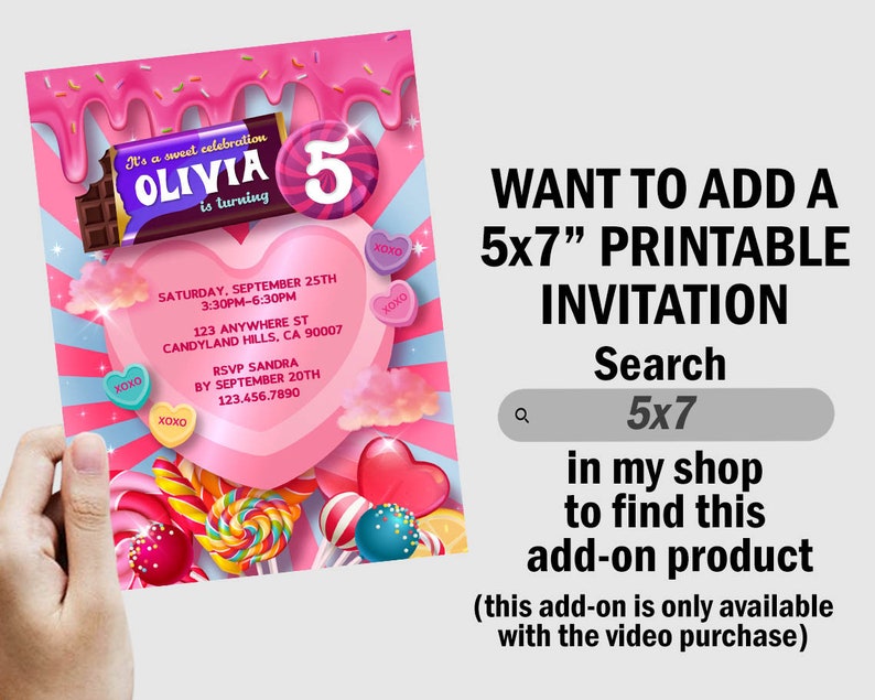 May include: A pink and blue candy-themed invitation for a 5th birthday party. The invitation features a pink heart with the name Olivia and the number 5. The invitation also includes a chocolate bar, lollipops, and candy hearts. The text on the invitation reads "It's a sweet celebration Olivia is turning 5" and includes the date, time, and location of the party. The invitation also includes the text "RSVP Sandra by September 20th 123.456.7890".