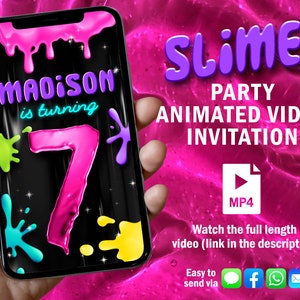 Pink slime Invitation, purple Birthday Video Invitation, glitter slime Animated Video, slime Custom, slime time, fluffy slime, science party