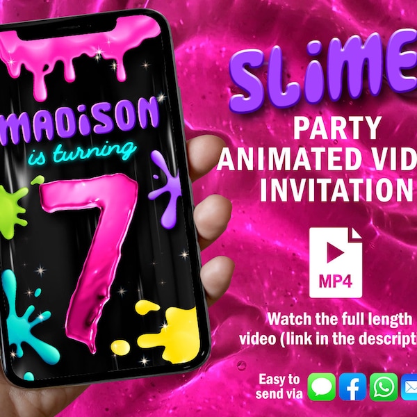 Pink slime Invitation, purple Birthday Video Invitation, glitter slime Animated Video, slime Custom, slime time, fluffy slime, science party