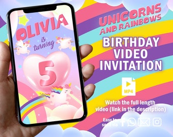 Unicorn Rainbow Birthday Video Invitation, Personalized Animated Party