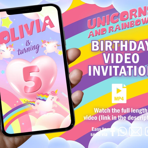 Unicorn Rainbow Invitation, Invitation for girls, Unicorn Rainbow Birthday Video Invitation, Unicorn Rainbow Animated Video, Unicorn Custom