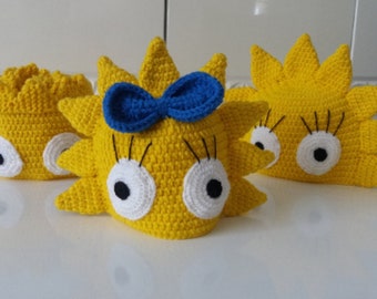 Crochet hats inspired by Simpsons - Bart Maggie and Lisa together. (with no eyeballs)