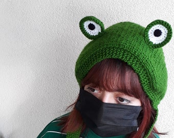 frog ear hat,bucket hat, beanie with earflap,for child and adult, frggy earmuffs, knit frog hat, cap costume accessory, gift warm winter...