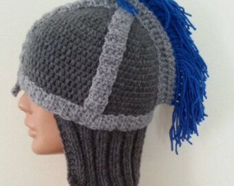 Crochet Knight Hat with royal blue tassel-Knight Helmet Beanie - Gladiator Trojan Spartan Mohawk Hat - Handmade Knit Hat