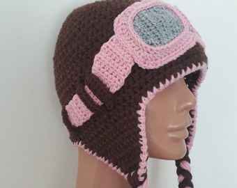 Cappello da pilota fatto a mano all'uncinetto con occhiali, per bambini e adulti
