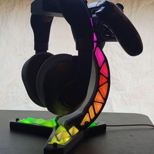 RGB Gaming Headset and Controller Stand – 3D Printed with LED Lights – Personalized Gamer Desk Accessory