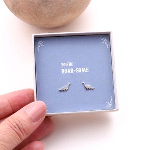 Sterling Silver Dinosaur Earrings 'You're Roar-Some' / silver dino ear studs / Personalised dinosaur earring gift / You're awesome earrings