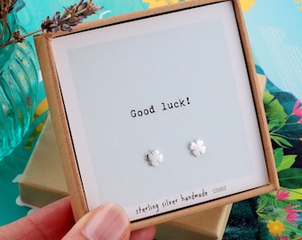 Gift Boxed 'Good Luck' Earrings/ sterling silver four leaf clover earrings for friend/ personalised good luck jewellery /new job/exams