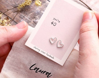 Gift Bag Sterling Silver Heart 40th Earrings / Sterling Silver heart studs for 40th birthday / Personalised jewellery for women 40 birthday