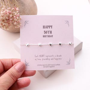 Sterling silver 50th birthday hearts bracelet / personalised jewellery gift for her 50th birthday / hearts bracelets for women/handmade gift