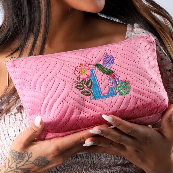 Personalised Initial Velvet Make Up Bags / quilted velvet wash bag with initial / personalised initial make up bag with hummingbird initial