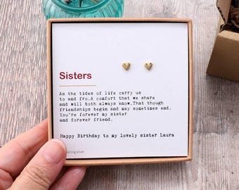 Sister Poem Heart Earrings / Sterling silver dainty heart earrings gift for sister /Sister birthday gift from brother / ear studs for sister