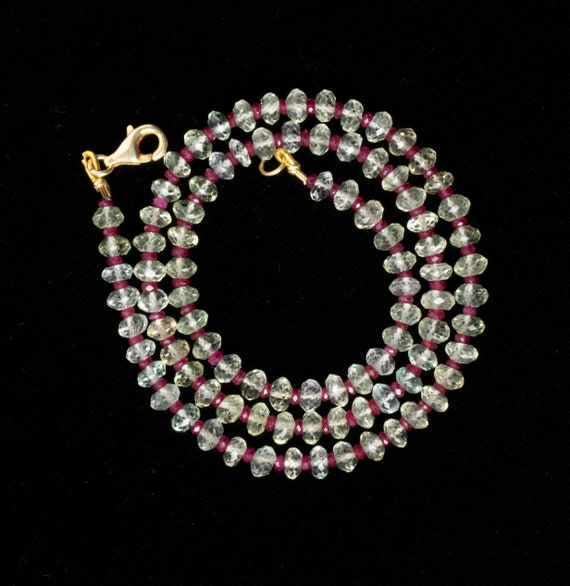 16 Natural Aquamarine and Ruby Handmade Beaded Necklace Etsy
