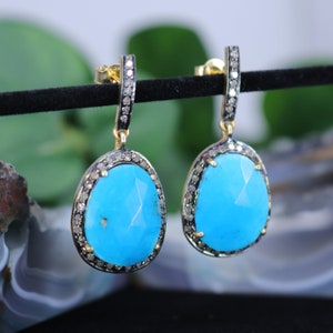Faceted Turquoise & Diamond Earrings with 14K Gold Post Back