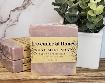 Jabón de leche de cabra con lavanda y miel: fresco de granja, hecho a mano para piel seca, limpiador suave con aroma calmante, hidratante.