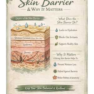 Puede incluir: Un p&oacute;ster educativo con el texto "What is the Skin Barrier & Why It Matters". El p&oacute;ster ilustra las capas de la piel, incluyendo el estrato c&oacute;rneo, la epidermis y la dermis, y explica las funciones y beneficios de la barrera cut&aacute;nea.