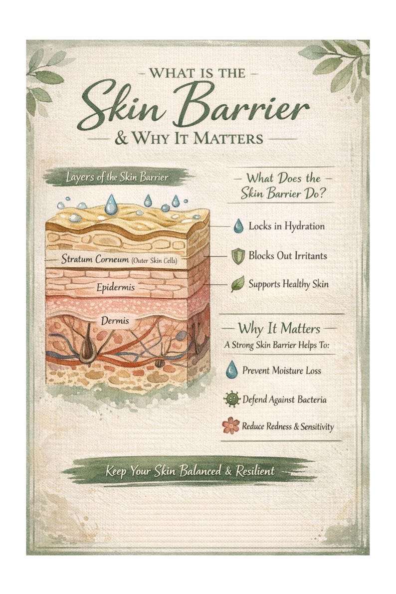 Puede incluir: Un p&oacute;ster educativo con el texto "What is the Skin Barrier & Why It Matters". El p&oacute;ster ilustra las capas de la piel, incluyendo el estrato c&oacute;rneo, la epidermis y la dermis, y explica las funciones y beneficios de la barrera cut&aacute;nea.