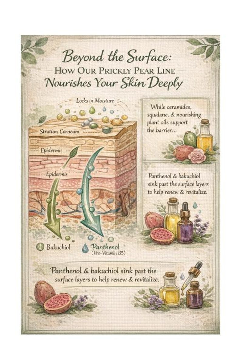 Puede incluir: Un diagrama ilustrado titulado "Beyond the Surface" detalla los beneficios de una l&iacute;nea de higo chumbo para nutrir la piel. Muestra capas de piel, ingredientes y botellas de productos con texto que describe el proceso.