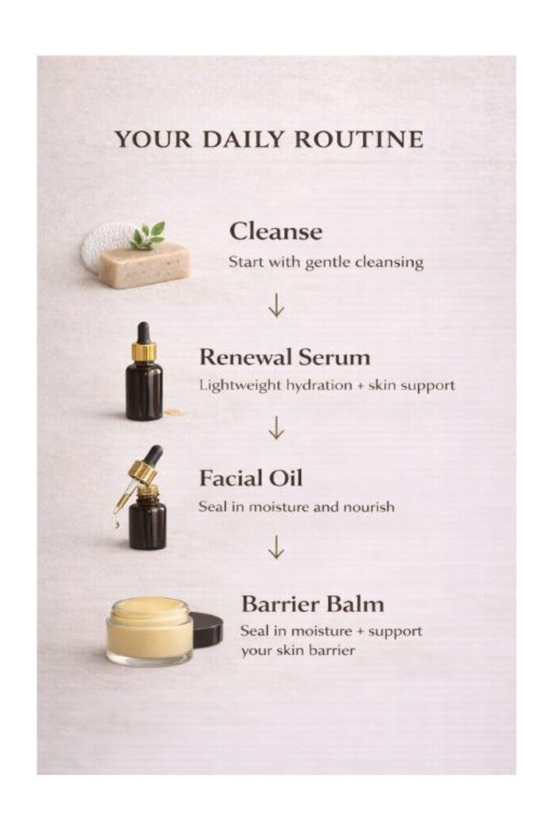 Puede incluir: Imagen que muestra una rutina de cuidado de la piel con el texto "YOUR DAILY ROUTINE." Los pasos incluyen "Cleanse," "Renewal Serum," "Facial Oil," y "Barrier Balm." Cada paso va acompa&ntilde;ado de un producto y una descripci&oacute;n.