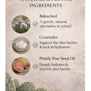 Puede incluir: Gr&aacute;fico informativo sobre ingredientes naturales. El texto principal es: "INGREDIENTES NATURALES, EFECTIVOS". Enumera Bakuchiol, Ceramidas y Aceite de Semilla de Tuna con descripciones e im&aacute;genes.