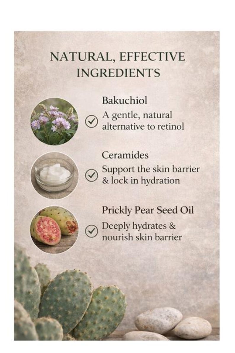 Puede incluir: Gr&aacute;fico informativo sobre ingredientes naturales. El texto principal es: "INGREDIENTES NATURALES, EFECTIVOS". Enumera Bakuchiol, Ceramidas y Aceite de Semilla de Tuna con descripciones e im&aacute;genes.
