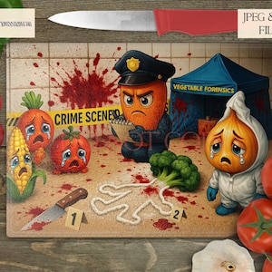 Puede incluir: Una tabla de cortar de madera con una escena del crimen de dibujos animados con un policía de zanahoria, una cebolla con un mono blanco, un brócoli y un tomate. El texto "Crime Scene" está escrito en una cinta de precaución amarilla. La tabla de cortar está decorada con salpicaduras de sangre roja.